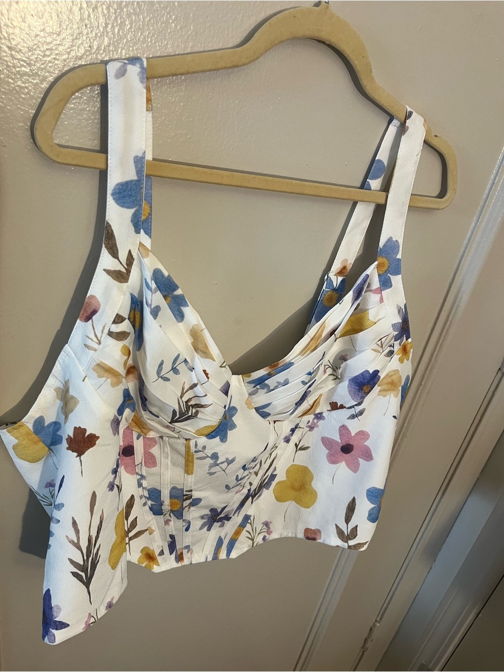 Cider White Floral Bustier Top with Blue and Yellow Blooms